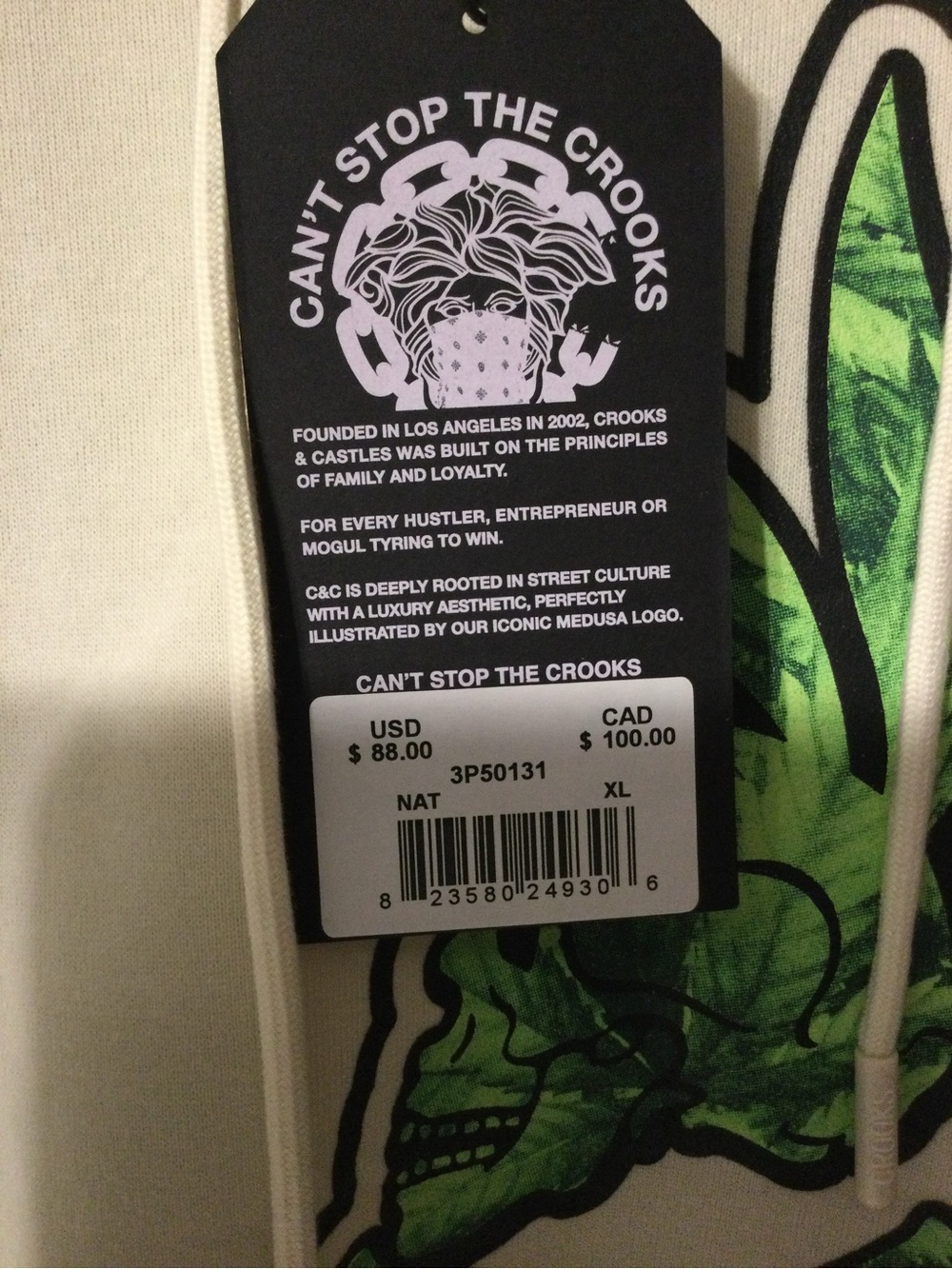 Crooks & Castles White Tag with Black & Green Medusa Graphic